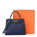 Kelly 25 Bleu Iris Sellier Ostrich Gold Hardware