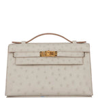Kelly Pochette Gris Perle Ostrich Gold Hardware