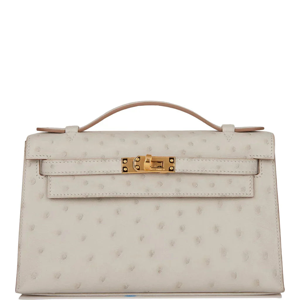 Kelly Pochette Gris Perle Ostrich Gold Hardware
