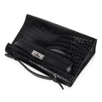 Kelly Pochette Bag Matte Black Crocodile Clutch Palladium