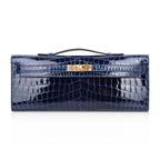 Kelly Cut Blue Sapphire Crocodile Clutch Bag Gold Hardware