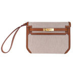 Kelly Depeches 25 Pouch Toile / Fauve Barenia Trim Gold Hardware