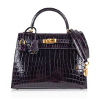 Kelly 25 Bag Sellier Crocodile Prunoir Gold Hardware