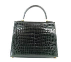 Kelly 28 Bag Exotic Vert Fonce Porosus Crocodile Gold