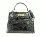 Kelly 28 Bag Exotic Vert Fonce Porosus Crocodile Gold