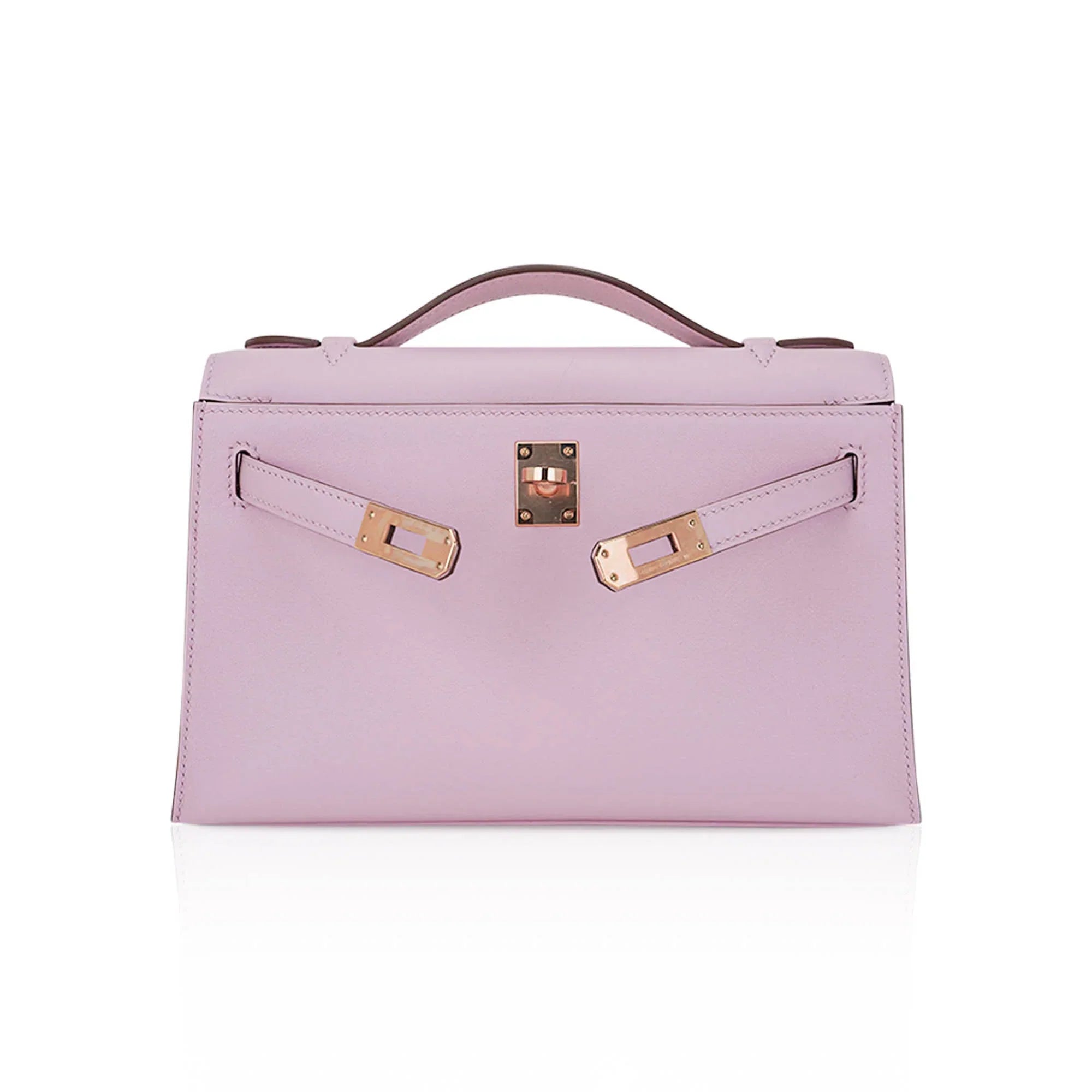 Kelly Pochette Clutch Bag Mauve Sylvestre Swift Leather with Rose Gold Hardware