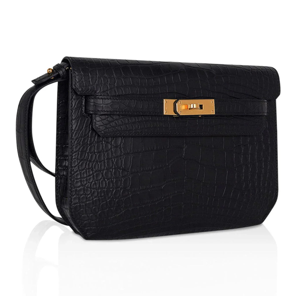 Kelly Depeches 25 Pouch Black Matte Alligator Gold Hardware New