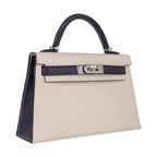 Special Order HSS Mini Kelly 20 Bag Sellier Craie & Blue Indigo Epsom Leather with Palladium Hardware