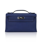 Kelly Pochette Clutch Bag Blue Sapphire Swift Leather with Palladium Hardware