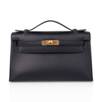 Kelly Pochette Bag Black Swift Leather with Gold Hardware
