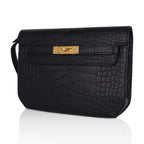 Kelly Depeches 25 Pouch Black Matte Alligator Gold Hardware New