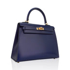 Kelly Sellier 25 Bag Blue Sapphire Box Leather with Gold Hardware