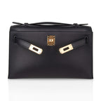 Kelly Pochette Bag Black Swift Leather with Gold Hardware