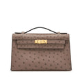 Kelly Pochette in Ostrich Leather with Gold Hardware Gris Tourterelle