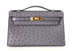 Kelly Pochette Clutch Bag Ostrich Gris Agate Gold Hardware