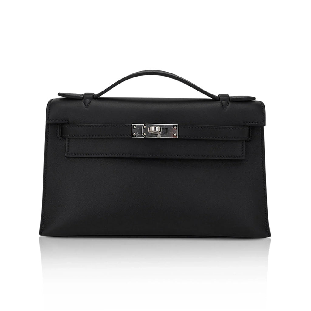 Kelly Pochette Clutch Bag Black Swift Leather with Palladium Hardware