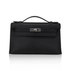 Kelly Pochette Clutch Bag Black Swift Leather with Palladium Hardware