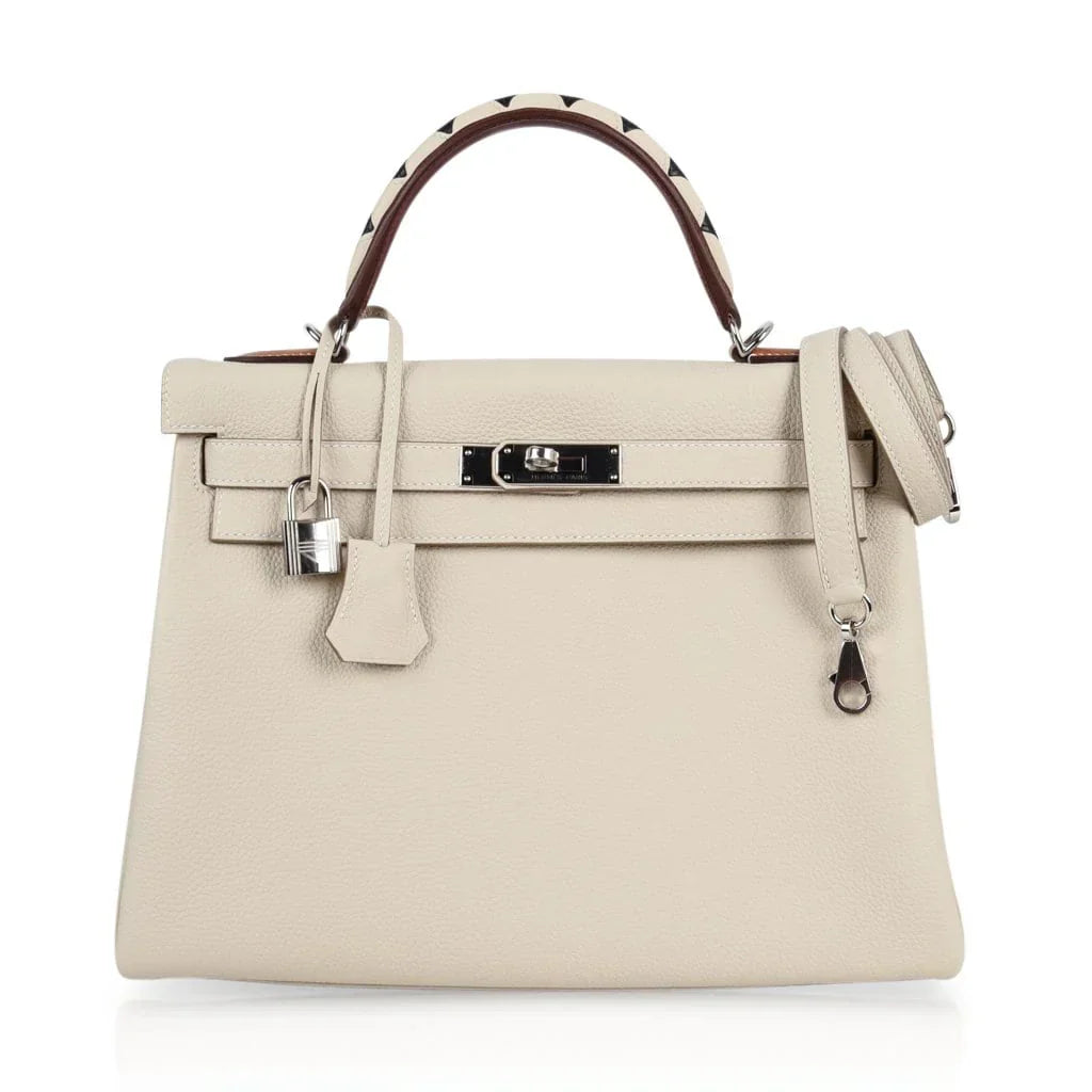 Limited Edition Kelly 32 Retourne Bag Au Galop Craie Togo Leather with Palladium Hardware