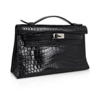 Kelly Pochette Bag Matte Black Crocodile Clutch Palladium