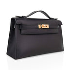 Kelly Pochette Bag Black Swift Leather with Gold Hardware