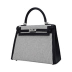 Kelly 25 Sellier Bag Quadrille Black & White Viking Toile Swift Leather with Palladium Hardware