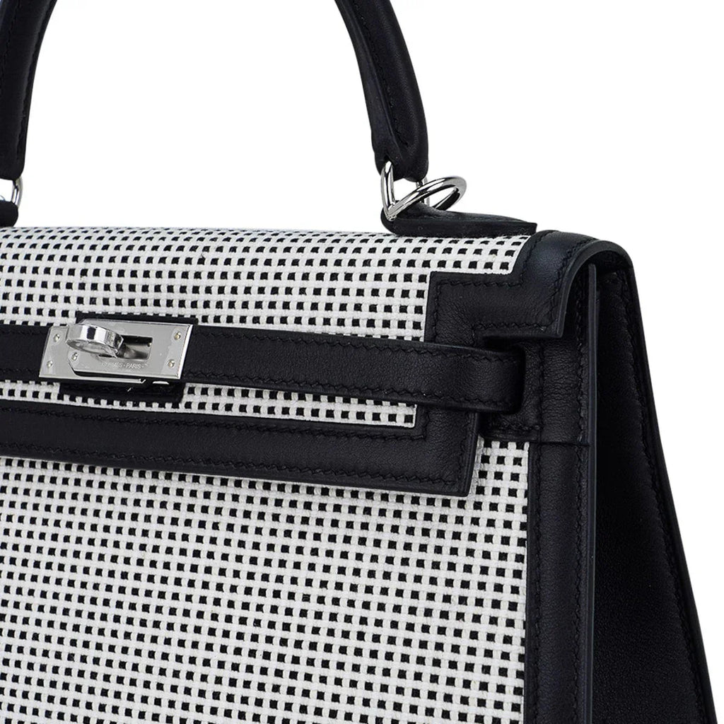 Kelly 25 Sellier Bag Quadrille Black & White Viking Toile Swift Leather with Palladium Hardware