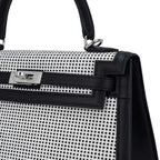 Kelly 25 Sellier Bag Quadrille Black & White Viking Toile Swift Leather with Palladium Hardware