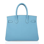 Birkin 30 Bag Blue Celeste Epsom Palladium Hardware New