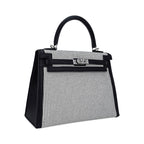 Kelly 25 Sellier Bag Quadrille Black & White Viking Toile Swift Leather with Palladium Hardware