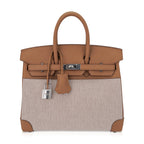 Limited Edition Birkin 25 Bag in Biscuit Swift Leather & Ecru Toile H with Palladium Hardware