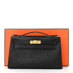 Kelly Pochette Black Ostrich Clutch Gold Hardware