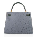 Kelly Sellier 28 HSS Bag Gris Agate / Vert Titien Ostrich Gold Hardware