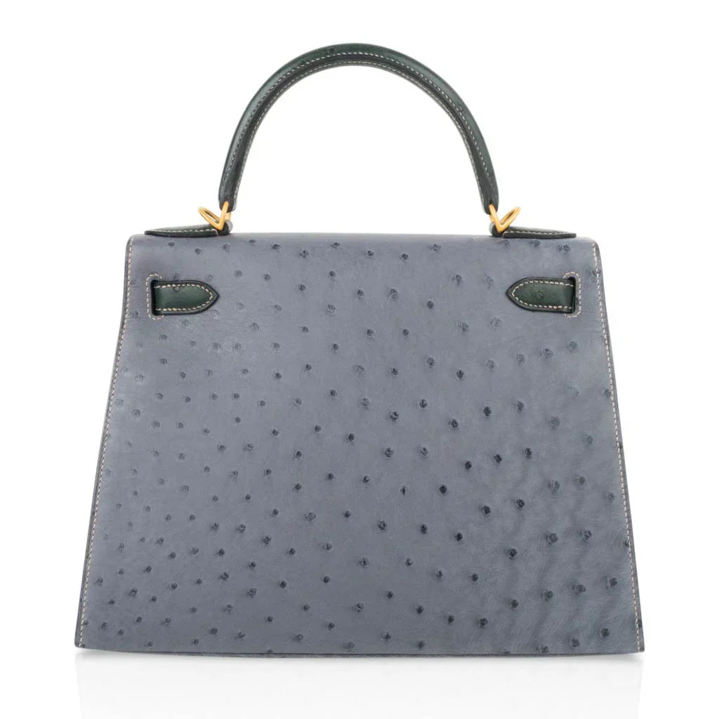 Kelly Sellier 28 HSS Bag Gris Agate / Vert Titien Ostrich Gold Hardware