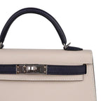 Special Order HSS Mini Kelly 20 Bag Sellier Craie & Blue Indigo Epsom Leather with Palladium Hardware