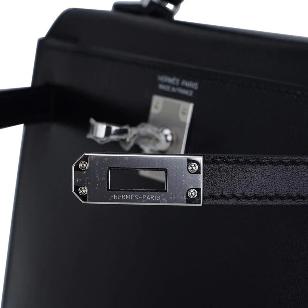 Kelly 20 Sellier Black Box Leather Mini Bag Palladium Hardware