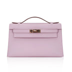 Kelly Pochette Clutch Bag Mauve Sylvestre Swift Leather with Rose Gold Hardware