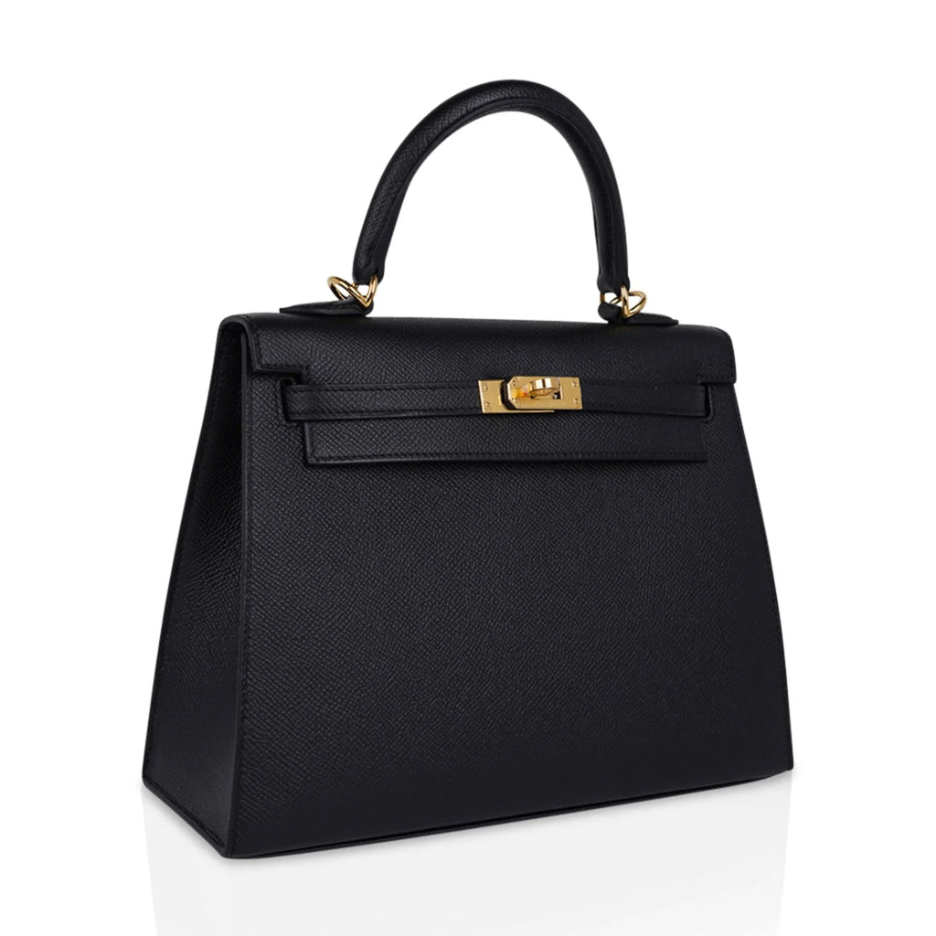 Kelly Sellier 25 Bag Black Epsom Gold Hardware New