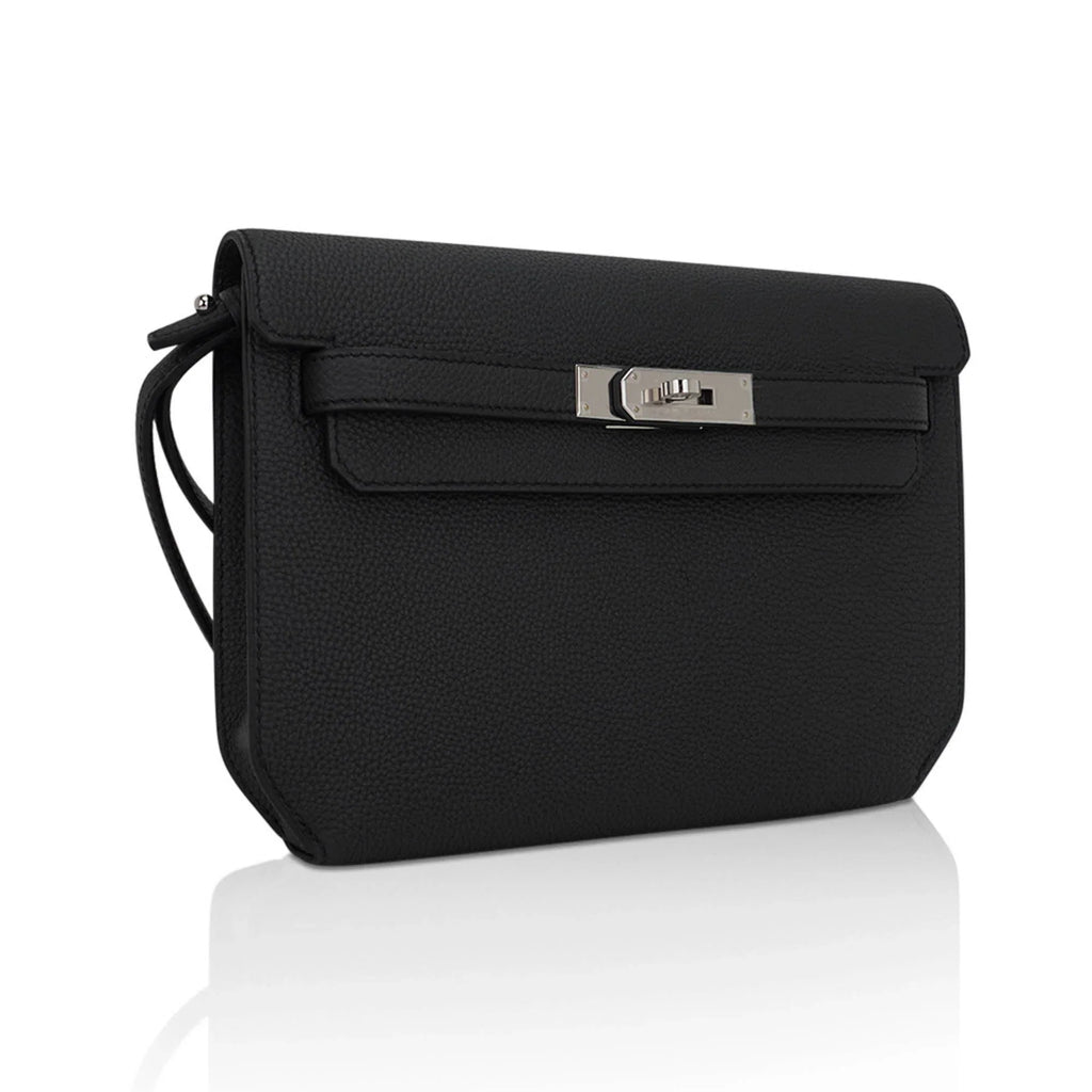 Kelly Depeches 25 Pouch Bag Black Galop D’Leather with Palladium Hardware