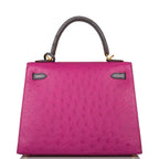 Kelly Sellier 25 Rose Pourpre and Gris Agate Ostrich Brushed Gold Hardware
