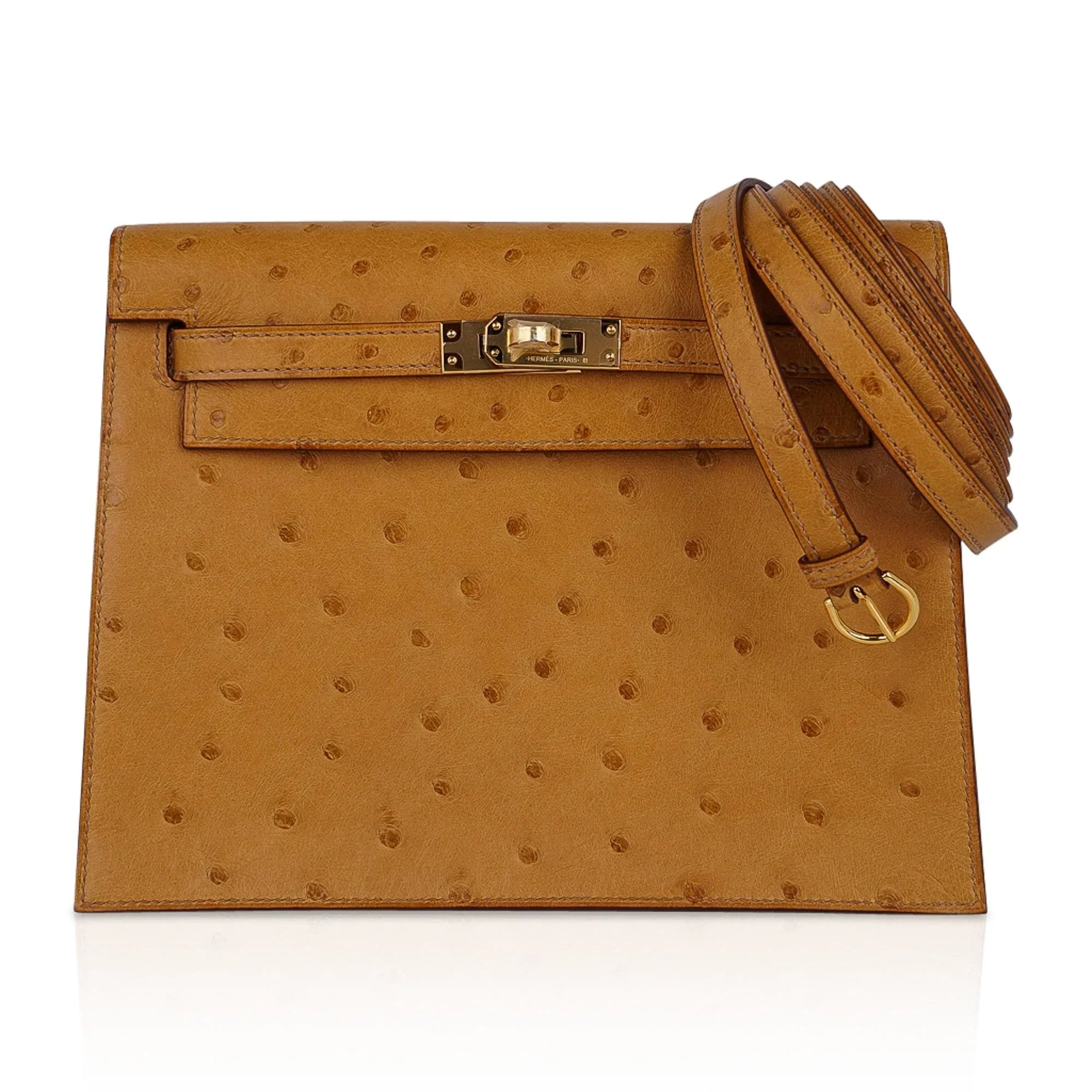 Kelly Danse Bag Tabac Camel Ostrich with Gold Hardware