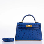 Kelly Mini II Blue Sapphire Ostrich Gold Hardware