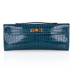 Kelly Cut Bag Blue Colvert Crocodile with Gold Hardware