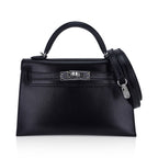 Kelly 20 Sellier Black Box Leather Mini Bag Palladium Hardware