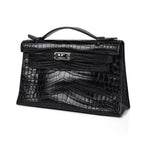 Kelly Pochette Bag Matte Black Crocodile Clutch Palladium