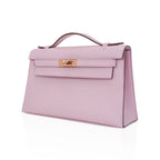 Kelly Pochette Clutch Bag Mauve Sylvestre Swift Leather with Rose Gold Hardware