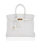 Birkin 35 Bag White Gold Hardware Clemence Leather New
